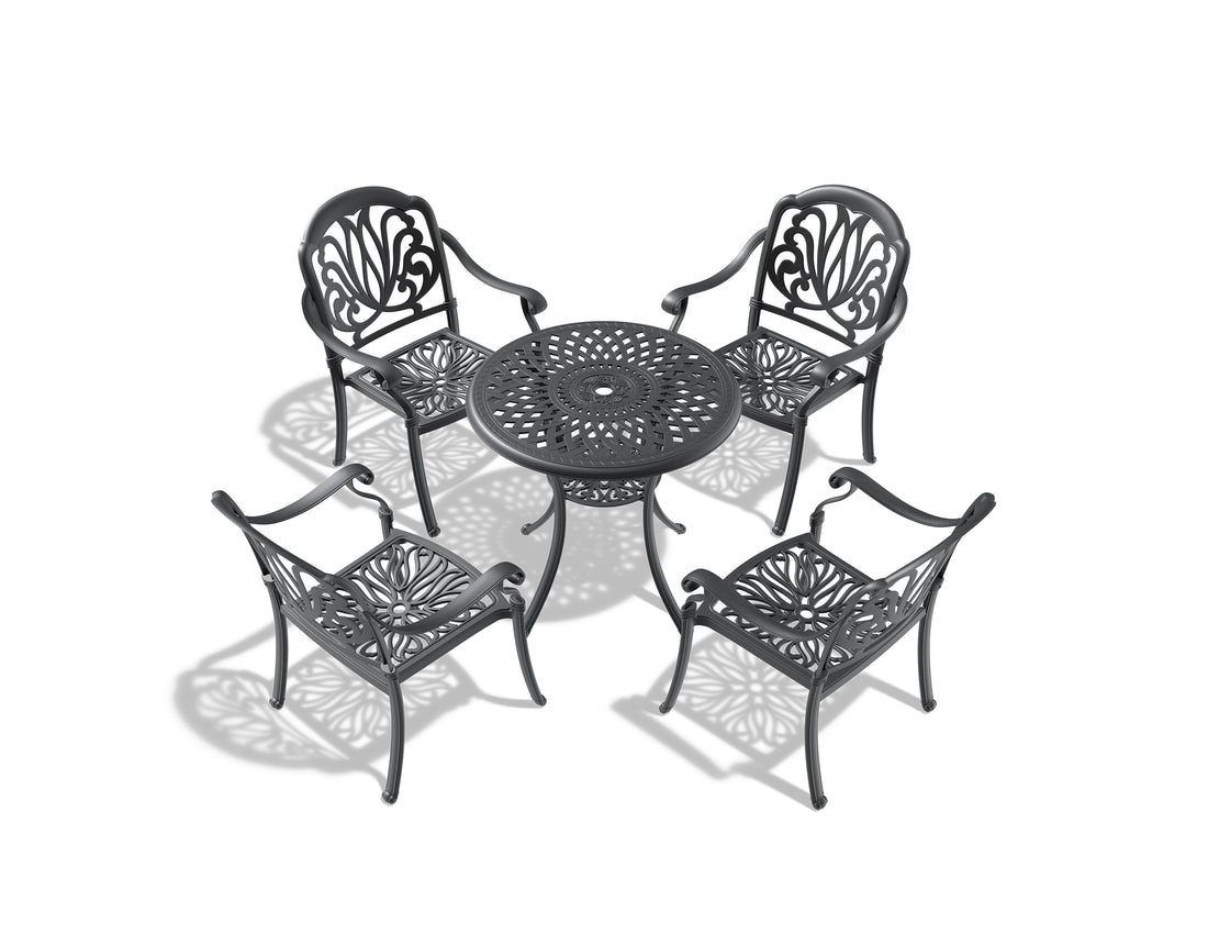 Cushions In Random Colors 5 Piece Set Of Cast Aluminum Patio Furniture With Cushions Yes Dining Set Black Seats 4 Rust Resistant Frame Water Resistant Cushion Garden & Outdoor Complete Patio Sets Aluminium