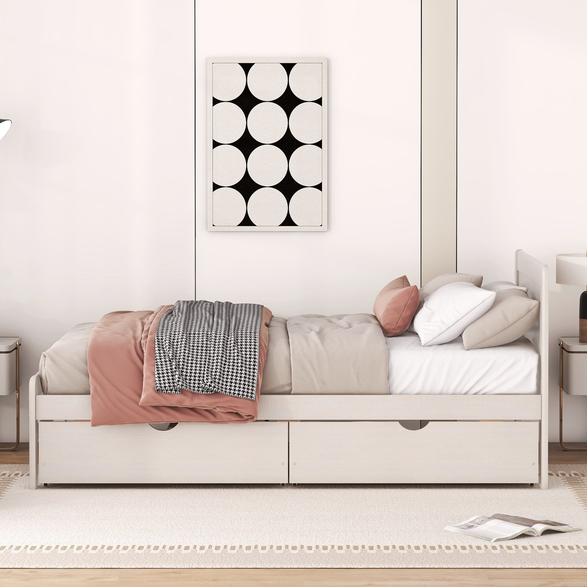 Modern Design Twin Size Platform Bed Frame With 2 Drawers For White Washed Color Twin White Washed Rubber Wood