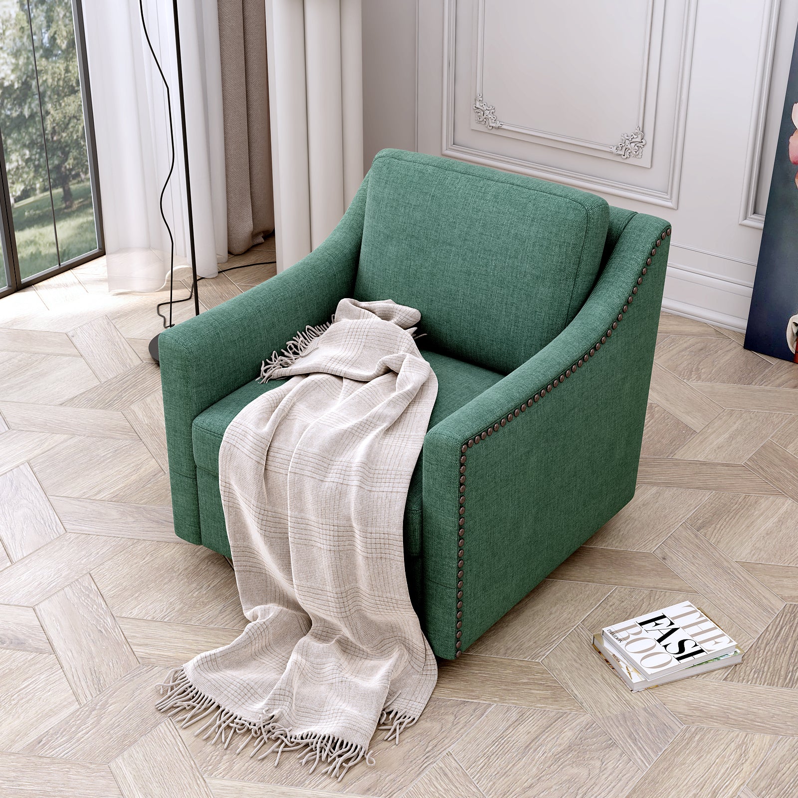 360 Degree Swivel Armchair Cotton Linen Skin Friendly Fabric Ergonomic Design Brass Nail Decorative Armchair Living Room Chairs Bedroom Chairs Living Room Chairs Black Legs Suitable For Indoor Homes