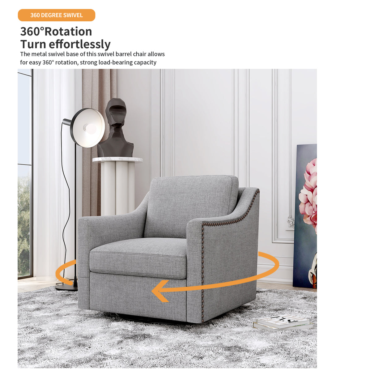 360 Degree Swivel Armchair Cotton Linen Skin Friendly Fabric Ergonomic Design Brass Nail Decorative Armchair Living Room Chairs Bedroom Chairs Living Room Chairs Black Legs Suitable For Indoor Homes Grey Modern Foam Cotton Linen