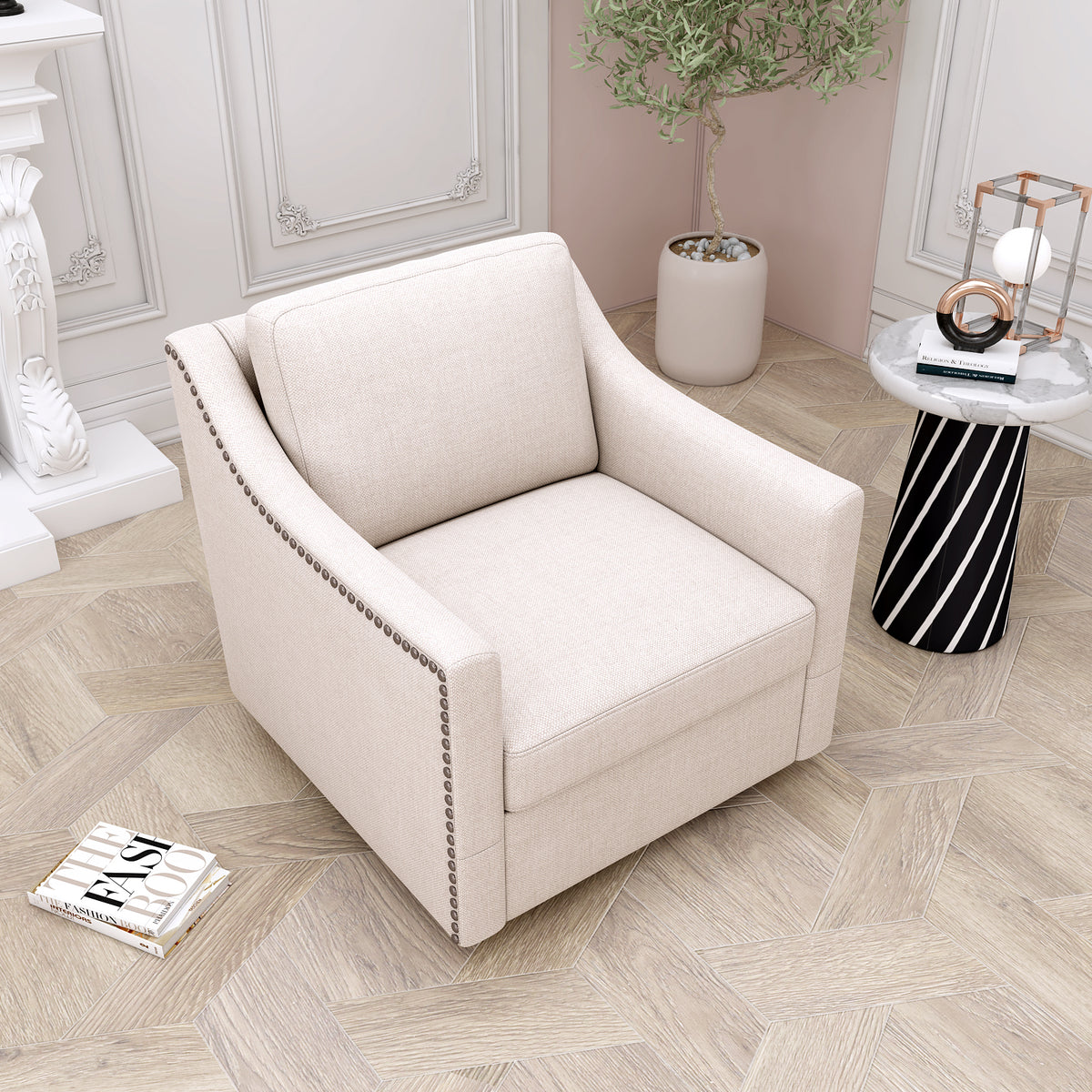 360 Degree Swivel Armchair Cotton Linen Skin Friendly Fabric Ergonomic Design Brass Nail Decorative Armchair Living Room Chairs Bedroom Chairs Living Room Chairs Black Legs Suitable For Indoor Homes White Modern Foam Cotton Linen