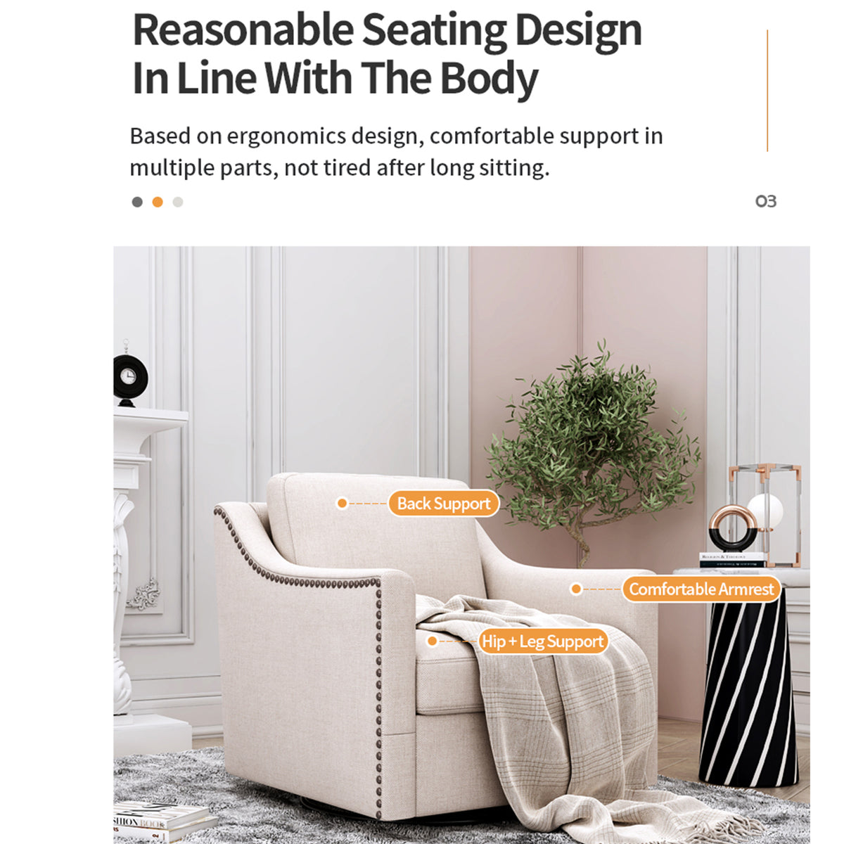360 Degree Swivel Armchair Cotton Linen Skin Friendly Fabric Ergonomic Design Brass Nail Decorative Armchair Living Room Chairs Bedroom Chairs Living Room Chairs Black Legs Suitable For Indoor Homes White Modern Foam Cotton Linen