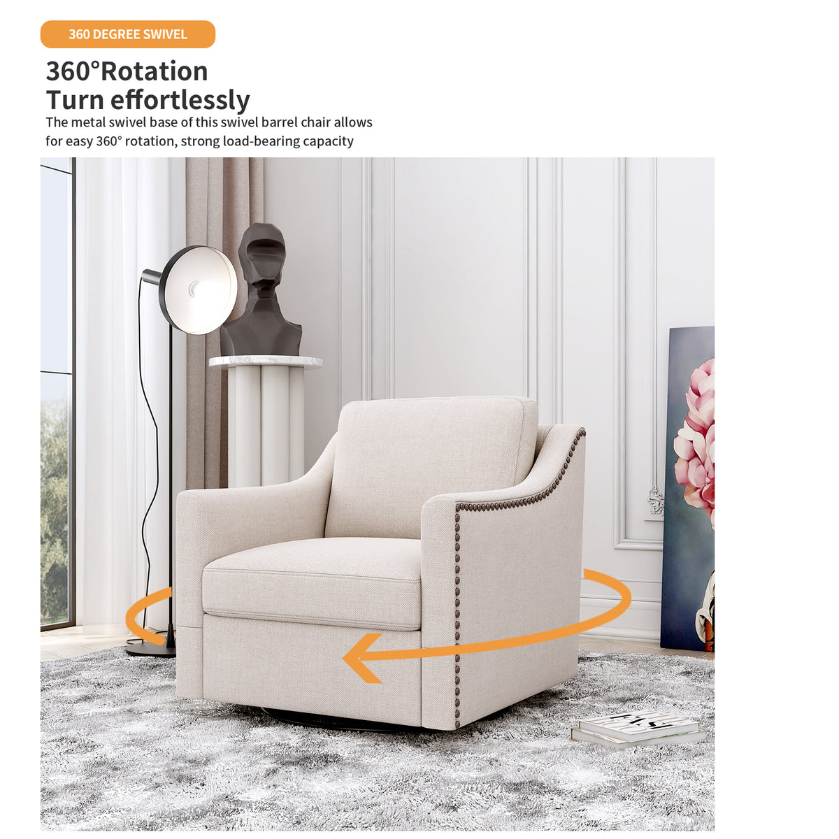 360 Degree Swivel Armchair Cotton Linen Skin Friendly Fabric Ergonomic Design Brass Nail Decorative Armchair Living Room Chairs Bedroom Chairs Living Room Chairs Black Legs Suitable For Indoor Homes White Modern Foam Cotton Linen