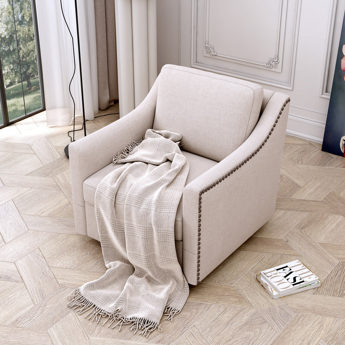 360 Degree Swivel Armchair Cotton Linen Skin Friendly Fabric Ergonomic Design Brass Nail Decorative Armchair Living Room Chairs Bedroom Chairs Living Room Chairs Black Legs Suitable For Indoor Homes White Modern Foam Cotton Linen