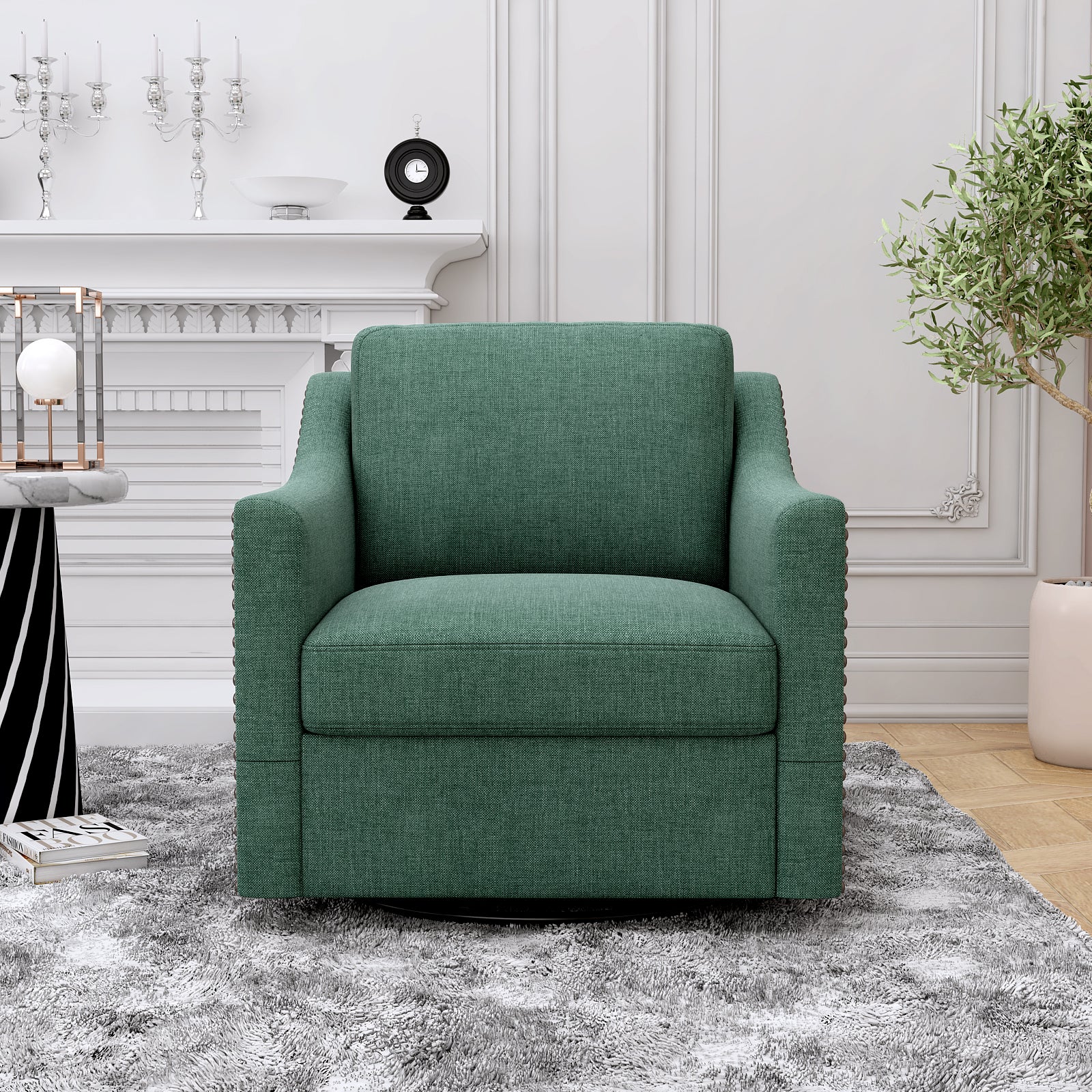 360 Degree Swivel Armchair Cotton Linen Skin Friendly Fabric Ergonomic Design Brass Nail Decorative Armchair Living Room Chairs Bedroom Chairs Living Room Chairs Black Legs Suitable For Indoor Homes