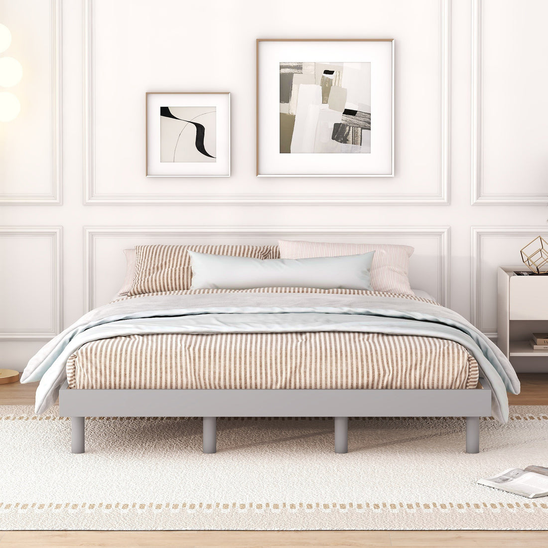 Modern Design Queen Floating Platform Bed Frame For Grey Color Grey Particle Board