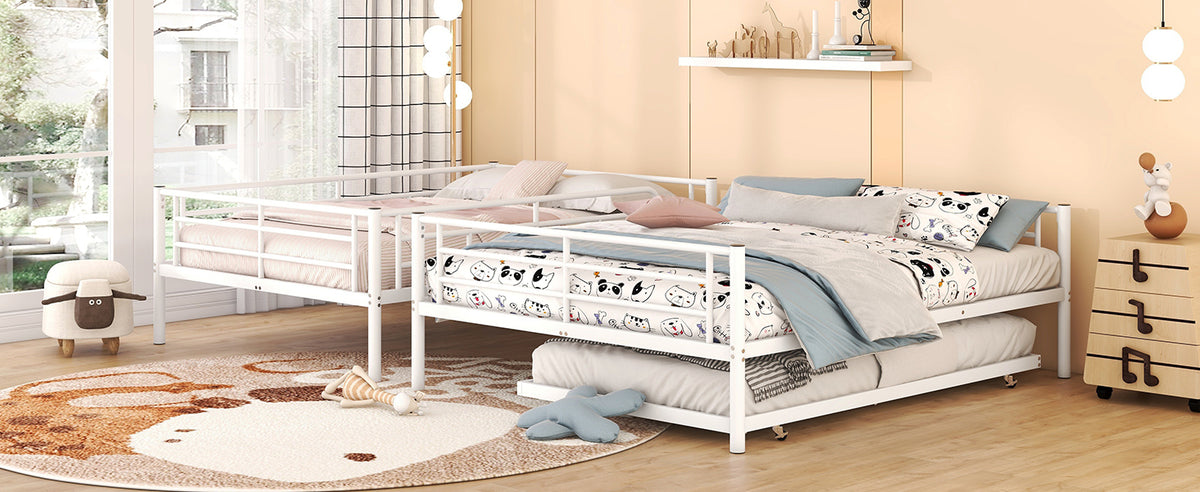 Full Xl Over Queen Metal Bunk Bed With Trundle, White Full Xl White Iron