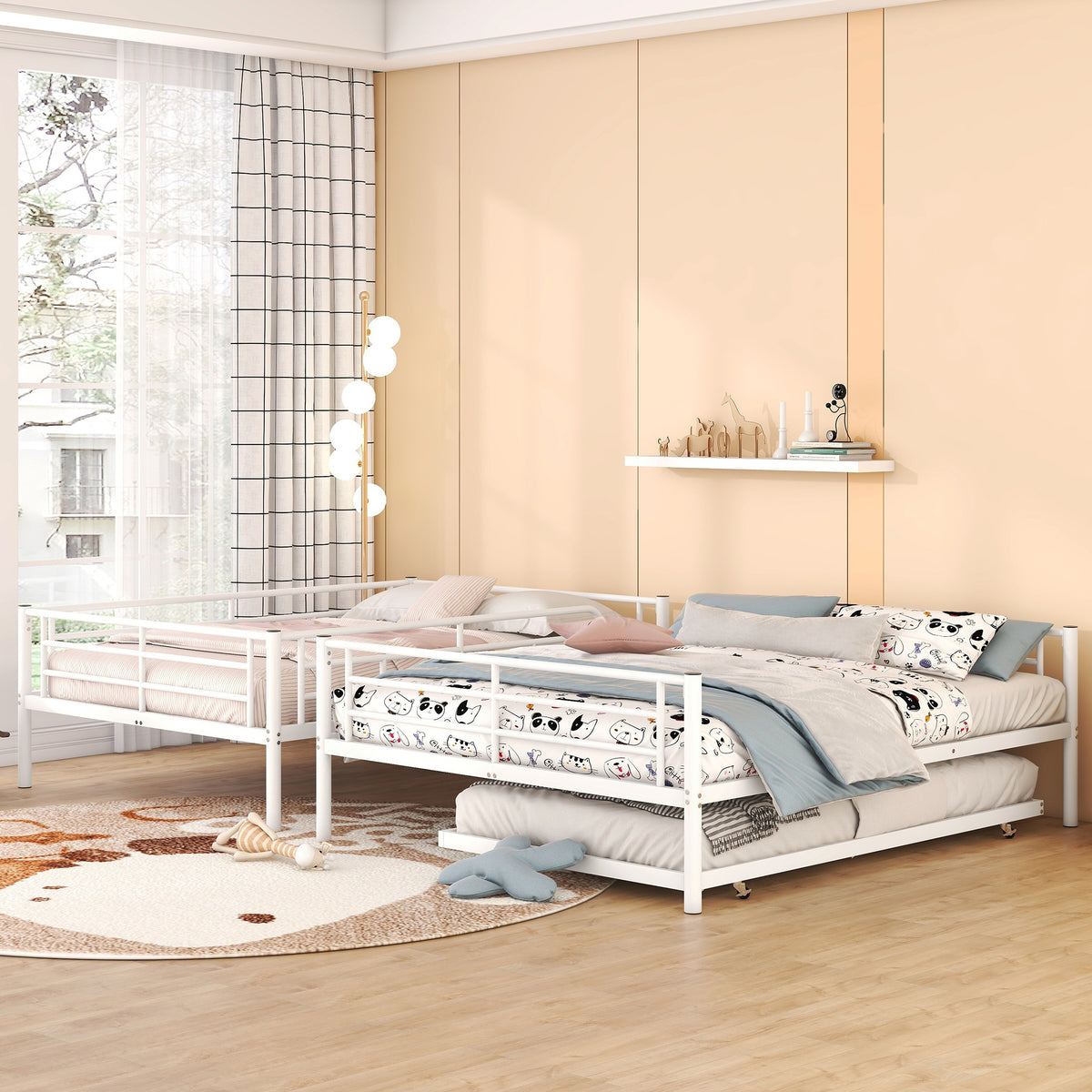 Full Xl Over Queen Metal Bunk Bed With Trundle, White Full Xl White Iron