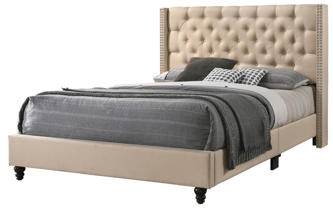 Elegant King Upholstered Transitional Bed Beige Foam Fabric