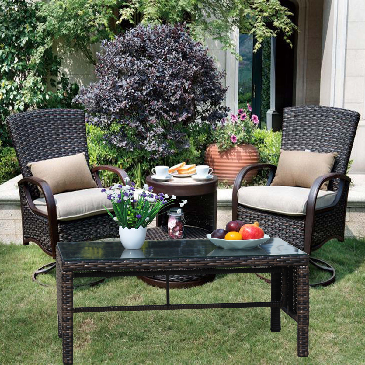 Outdoor Patio Furniture 1 Coffee Table With Clear Tempered Glass Brown Rattan