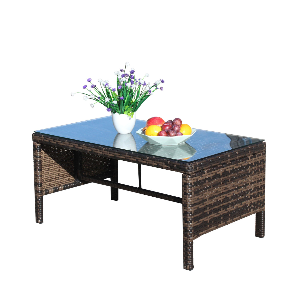 Outdoor Patio Furniture 1 Coffee Table With Clear Tempered Glass Brown Rattan
