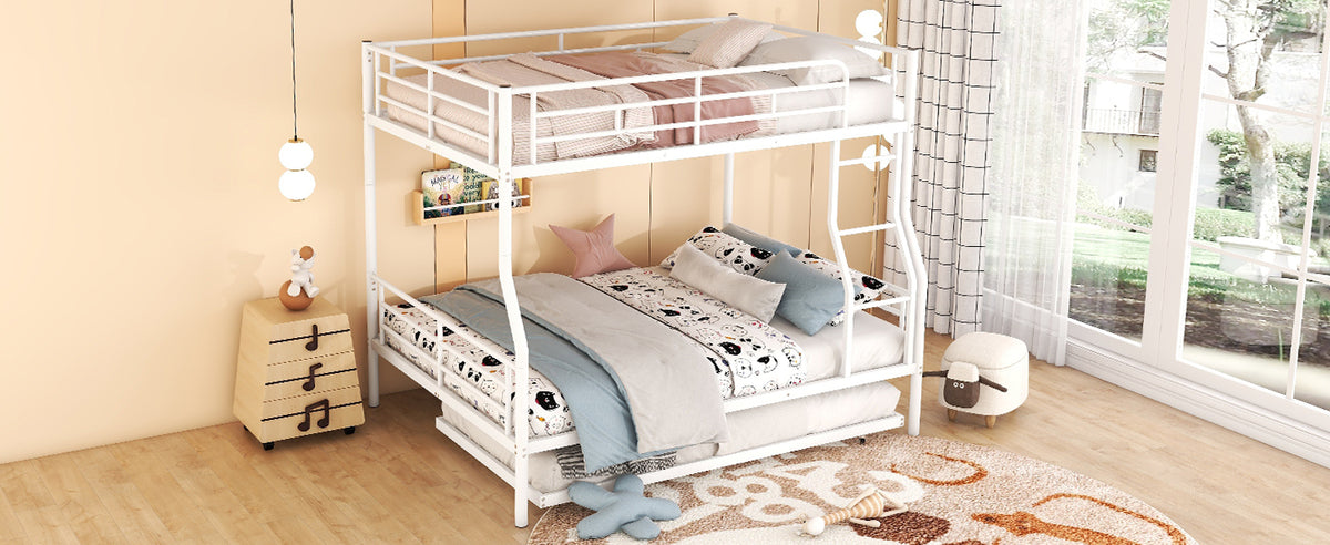 Full Xl Over Queen Metal Bunk Bed With Trundle, White Full Xl White Iron