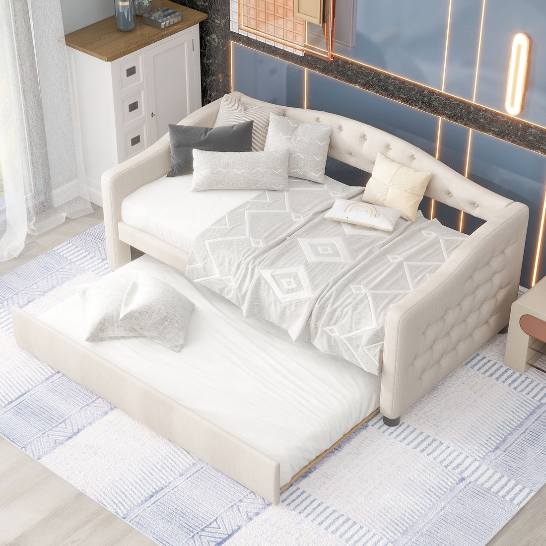 Upholstered Twin Size Daybed With Trundle, Beige Box Spring Not Required Beige Wood Upholstered