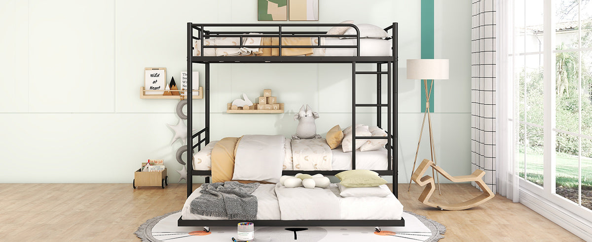Full Over Full Metal Bunk Bed With Trundle, Black Black Iron