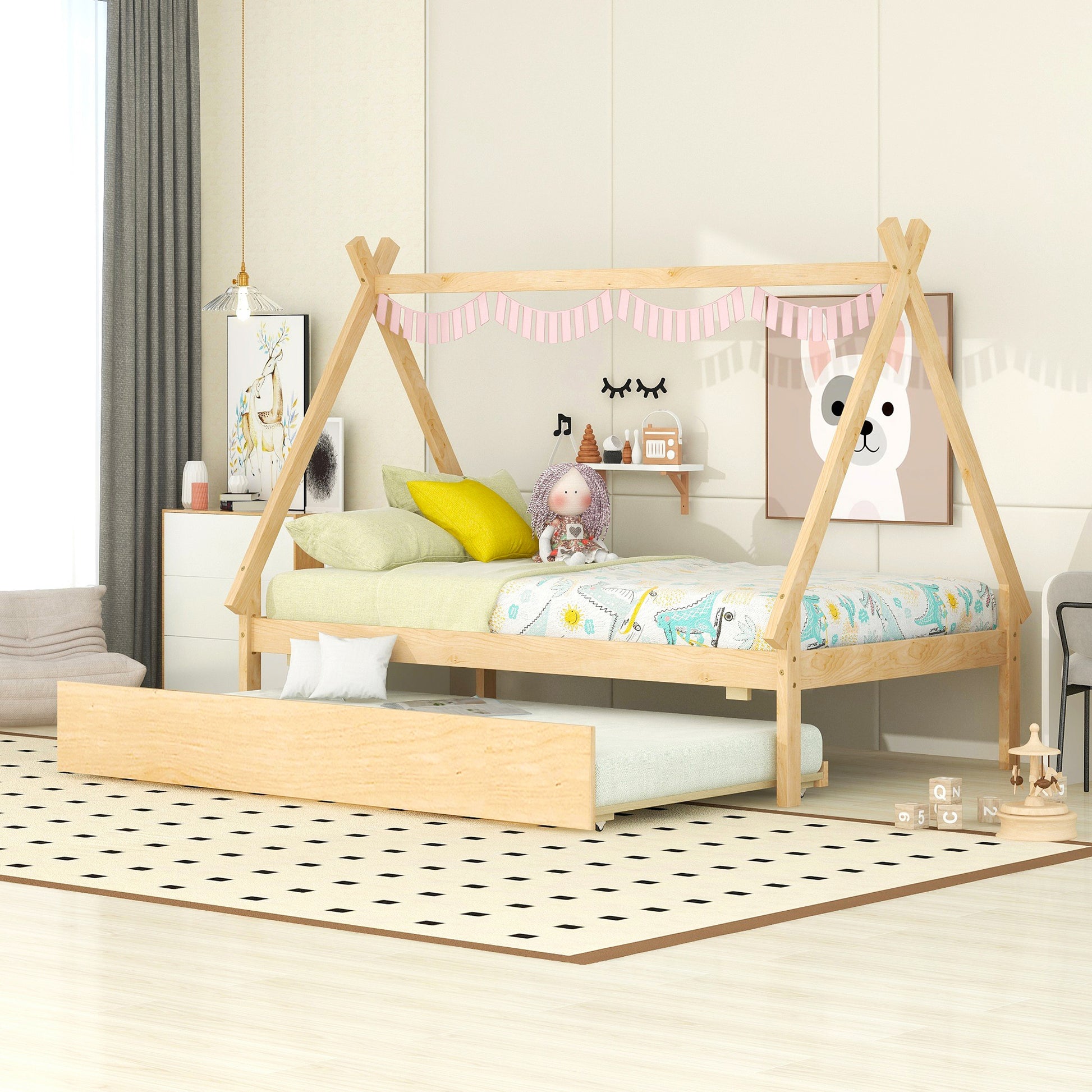 Twin Size Tent Floor Bed, Teepee Bed, With Trundle,Natural Twin Natural Wood Bedroom American Design Pine Bed Frame Pine