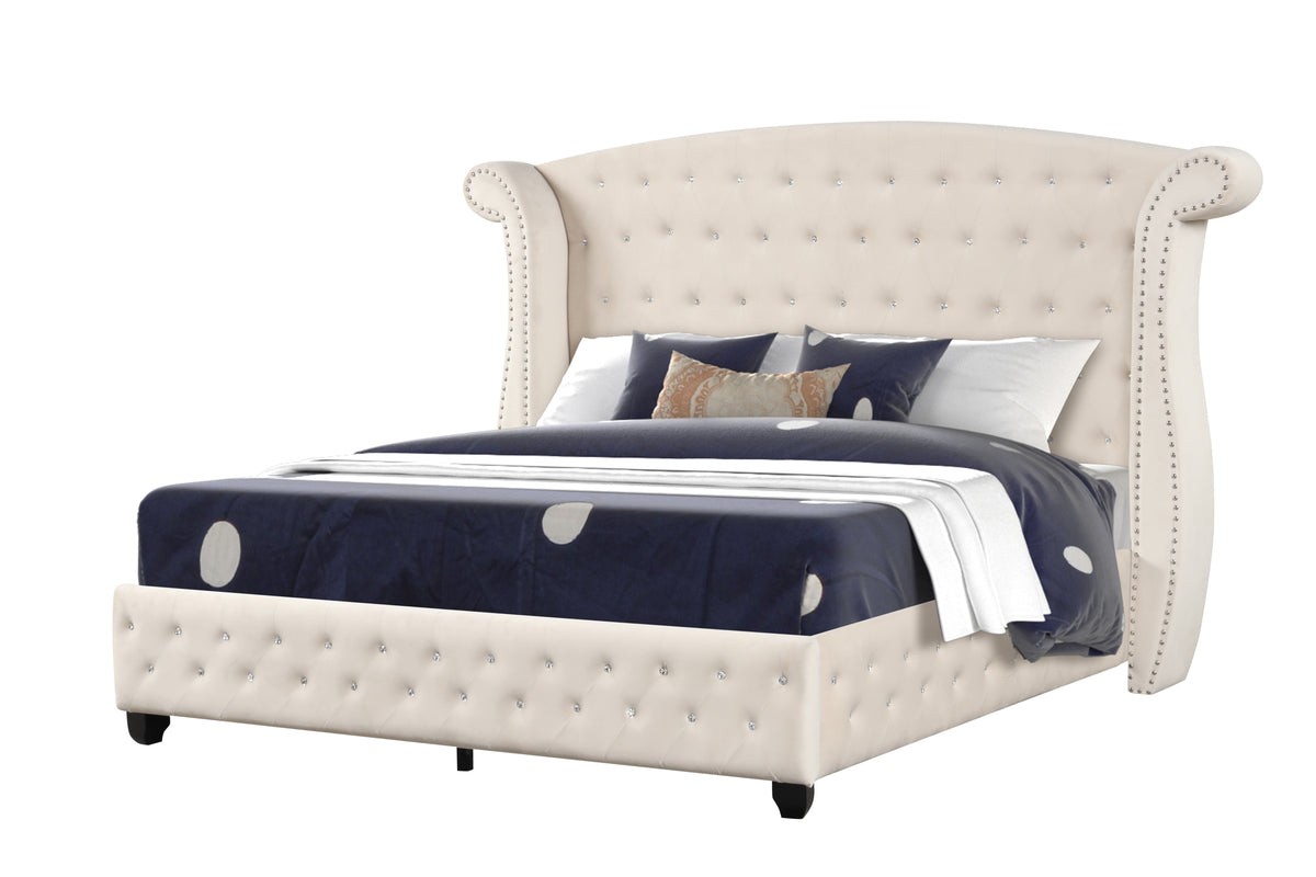 Sophia King 5 Pc Bedroom Set Made With Wood In Cream Box Spring Not Required King Cream Wood 5 Piece Set Bedroom Bed Included,Chest Included,Dresser Included,Mirror Included,Nightstand Included Contemporary,Modern Upholstered Velvet Tufted Wood