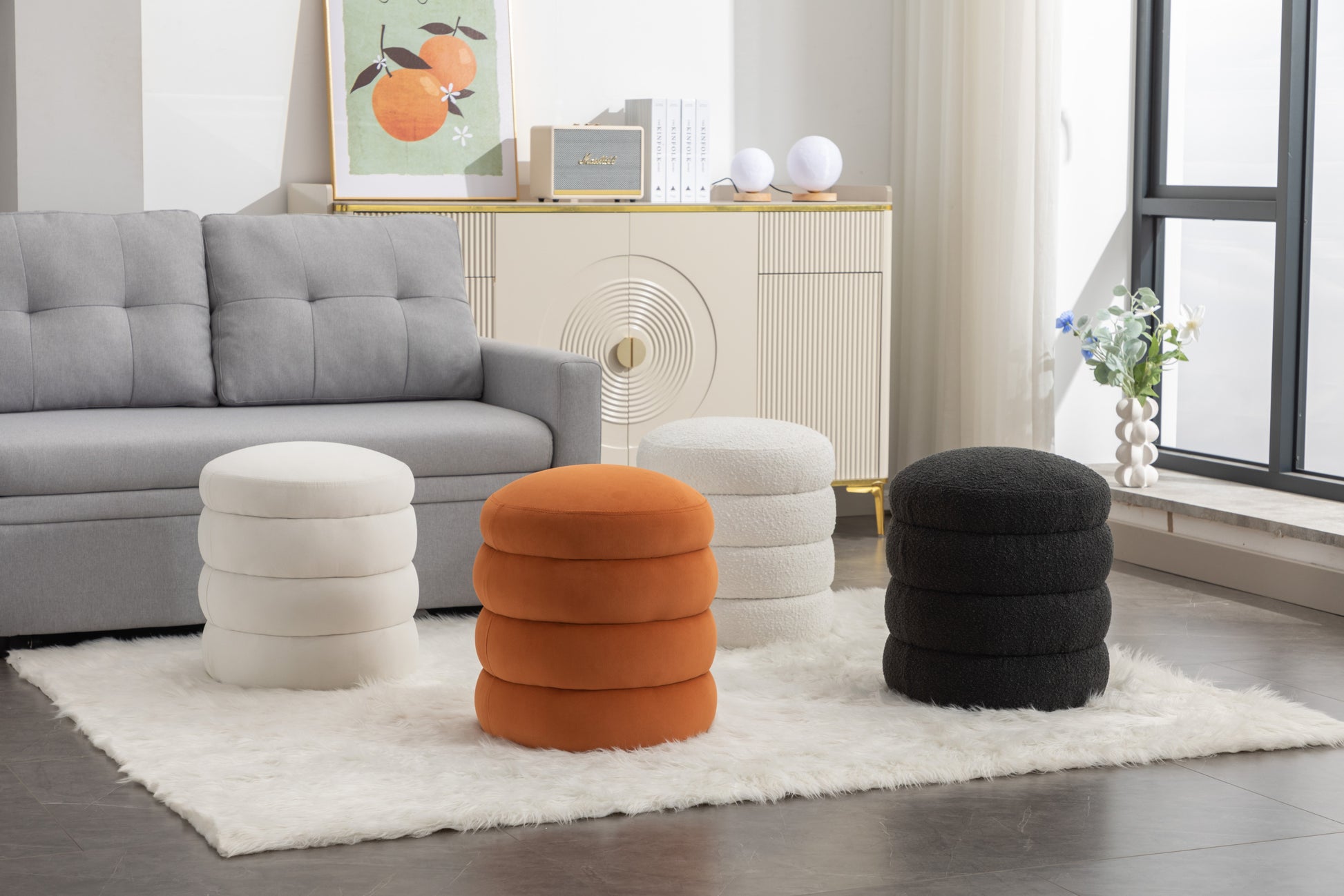 006 Soft Boucle Round Ottoman Footrest Stool,Black Black Boucle
