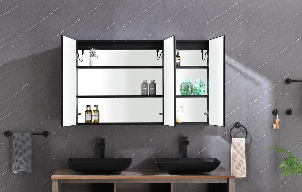48*30 In Led Mirror Lighted Medicine Cabinet With Lights, Led Medicine Cabinet W Defogger, Dimmer, 3X Makeup Mirror, Outlets & Usb Matte Black Aluminium