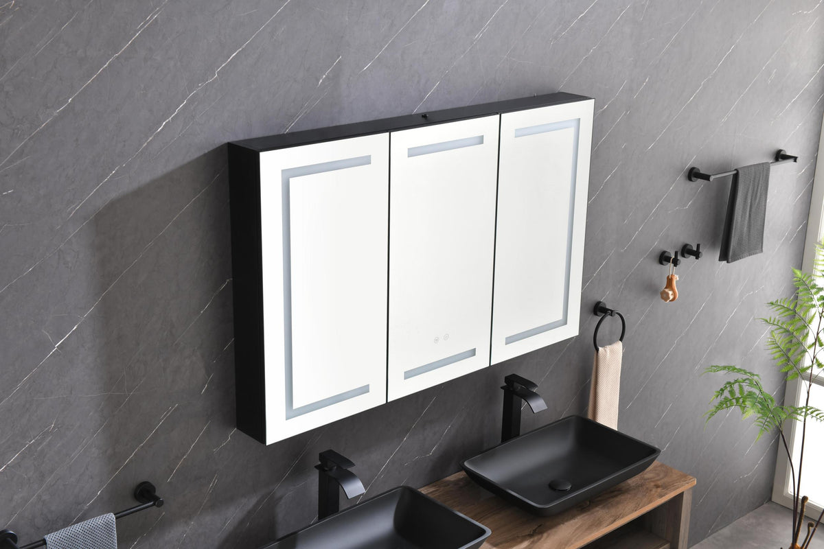 48*30 In Led Mirror Lighted Medicine Cabinet With Lights, Led Medicine Cabinet W Defogger, Dimmer, 3X Makeup Mirror, Outlets & Usb Matte Black Aluminium