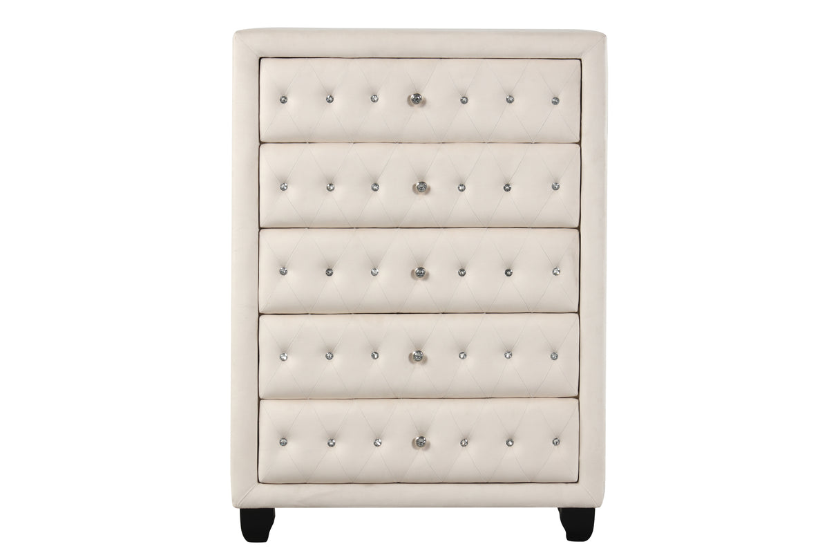 Sophia King 5 Pc Bedroom Set Made With Wood In Cream Box Spring Not Required King Cream Wood 5 Piece Set Bedroom Bed Included,Chest Included,Dresser Included,Mirror Included,Nightstand Included Contemporary,Modern Upholstered Velvet Tufted Wood