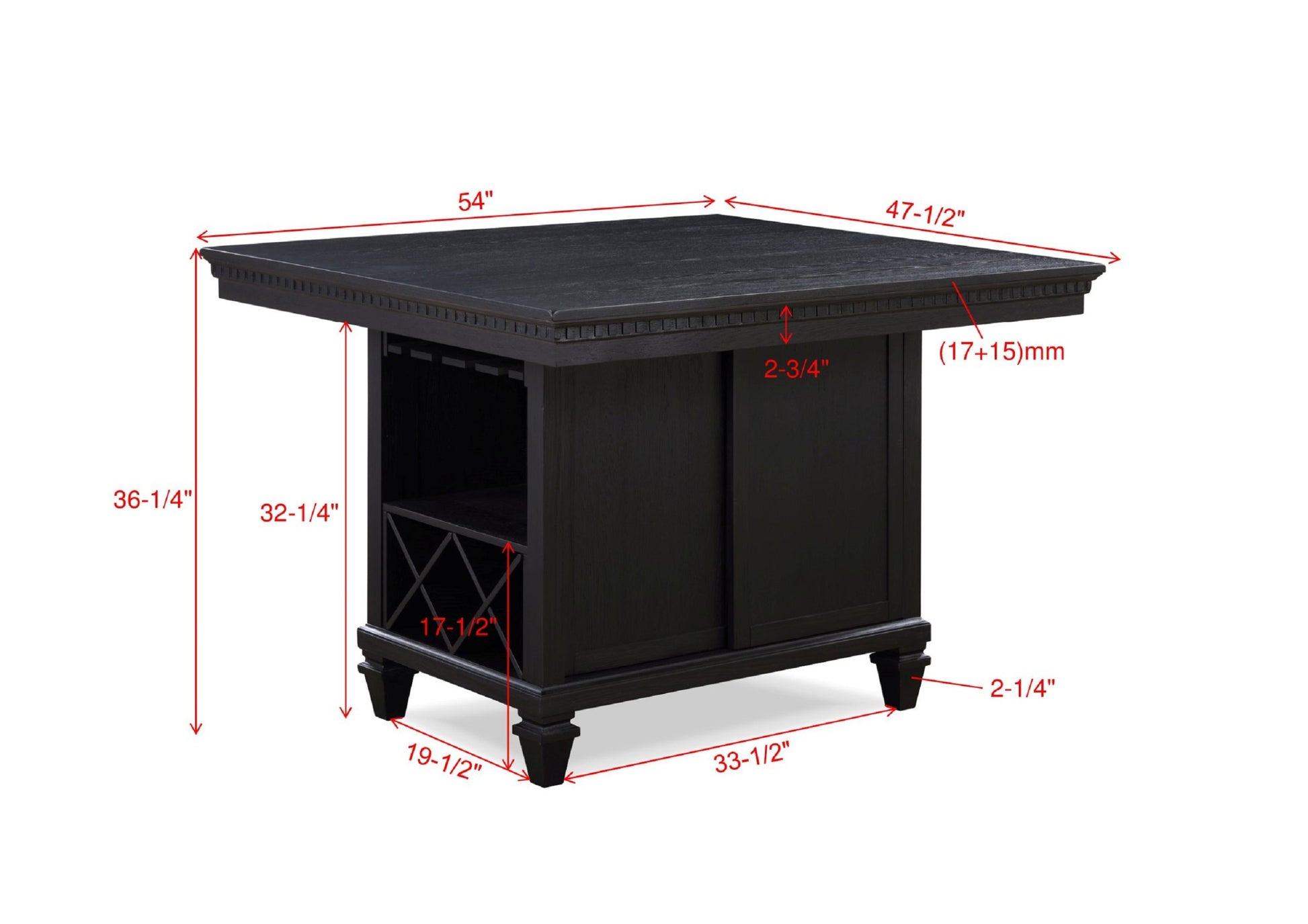 1Pc Traditional Charcoal Black Counter Height Table Wine & Glass Storage Rack Sliding Door W Shelf Inside Wooden Solid Wood Dining Table Furniture Charcoal Dining Room Traditional Wood