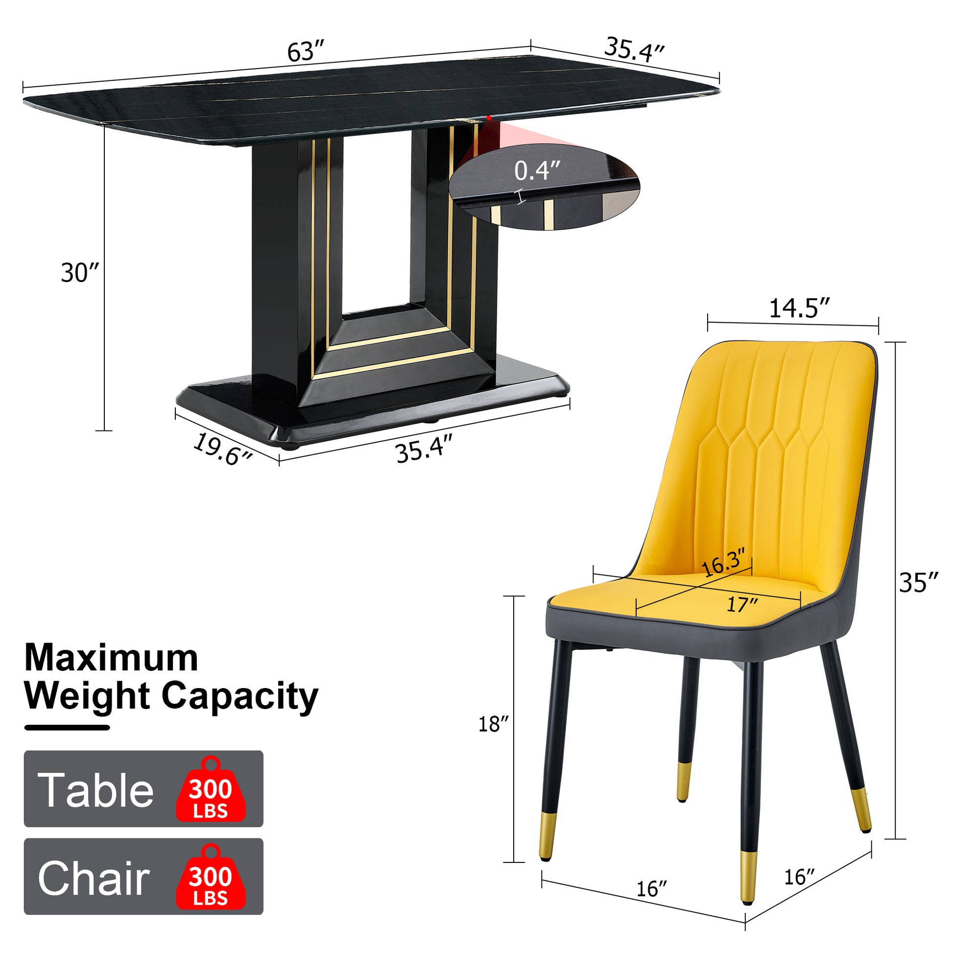 Table And Chair Set, 1 Table, 4 Pu Chairs. Black Imitation Marble Pattern Desktop. Black Mdf Table Legs. Chair With Orange Dark Gray Dual Tone Pu Leather Backrest And Black Metal Legs F Sq C 007 Black Mdf Glass