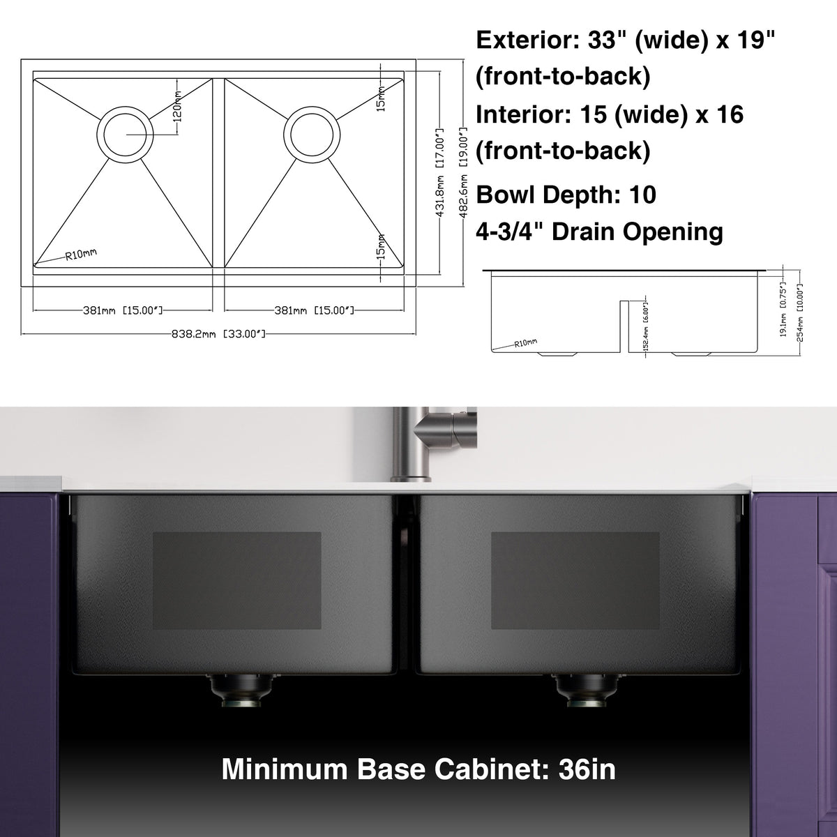All In One 33X19Inch Undermount Gunmetal Black Double Bowl Kitchen Sink 18 Guage Stainless Steel With Faucet Gunmetal Black Stainless Steel
