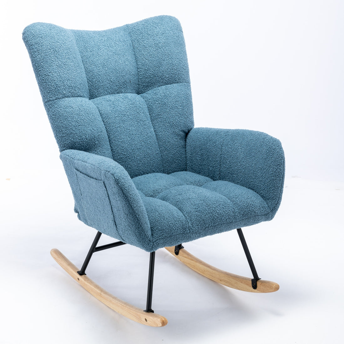 Rocking Chair With Pocket, Soft Teddy Fabric Rocking Chair For Nursery, Comfy Wingback Glider Rocker With Safe Solid Wood Base For Living Room Bedroom Balcony Blue Blue Casual Foam Teddy