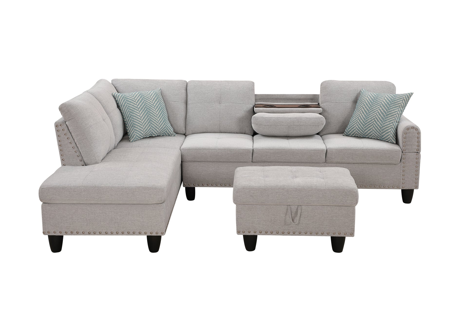 Alger 98" Wide Left Hand Facing Sofa & Chaise With Ottoman Light Gray Foam Linen