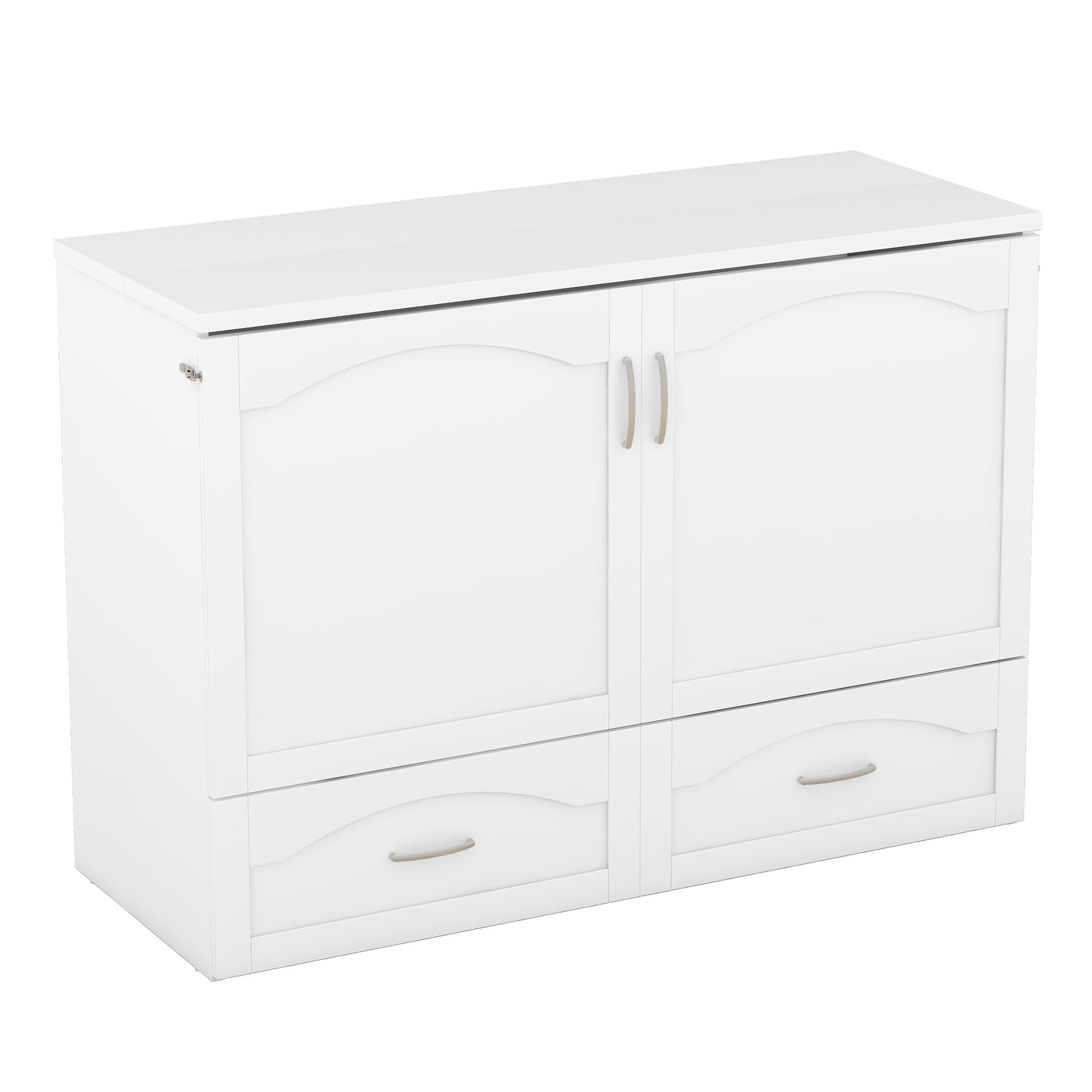 Full Size Murphy Bed Wall Bed With Drawer And A Set Of Sockets & Usb Ports, Pulley Structure Design, White White Solid Wood Mdf