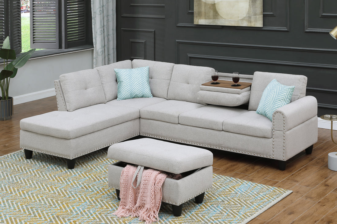 Alger 98" Wide Left Hand Facing Sofa & Chaise With Ottoman Light Gray Foam Linen