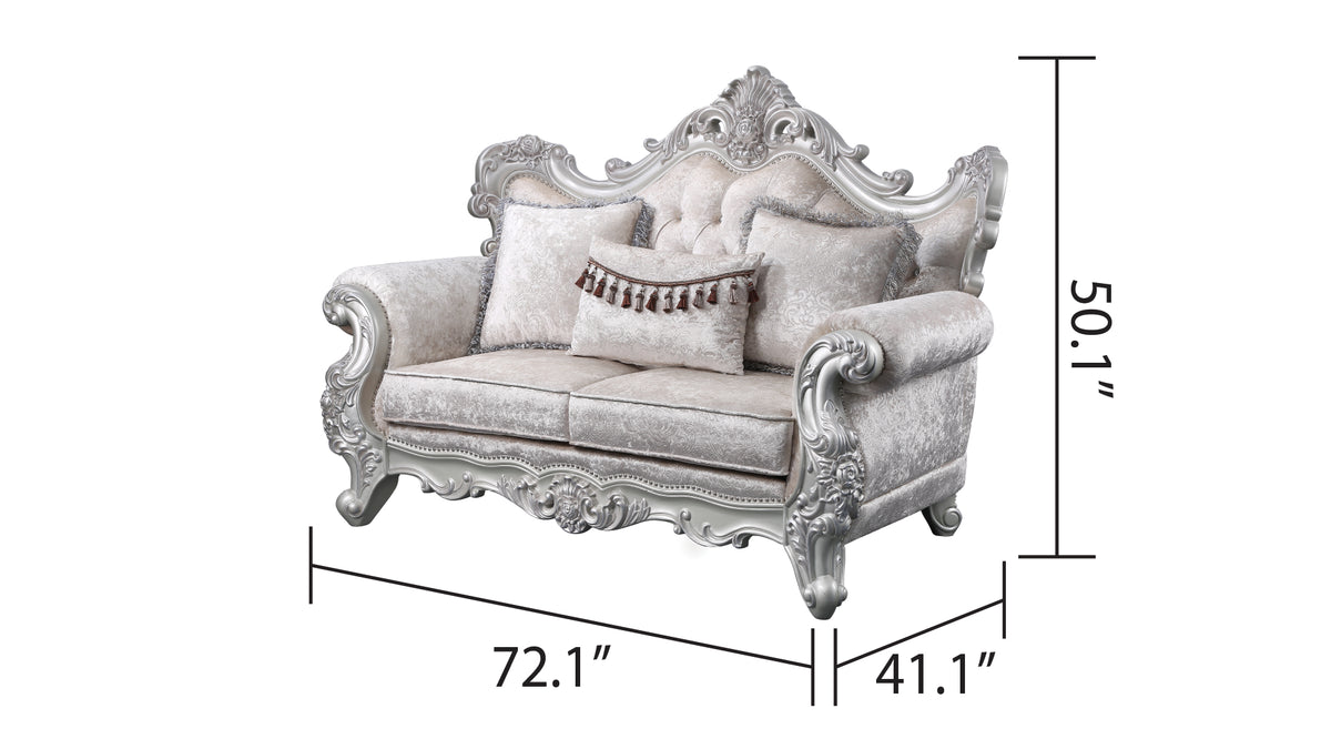 Melrose 2Pc Traditional Living Room Set In Champagne With Silver Brush Silver Gray Chenille Wood Primary Living Space Traditional Wood 5 Seat