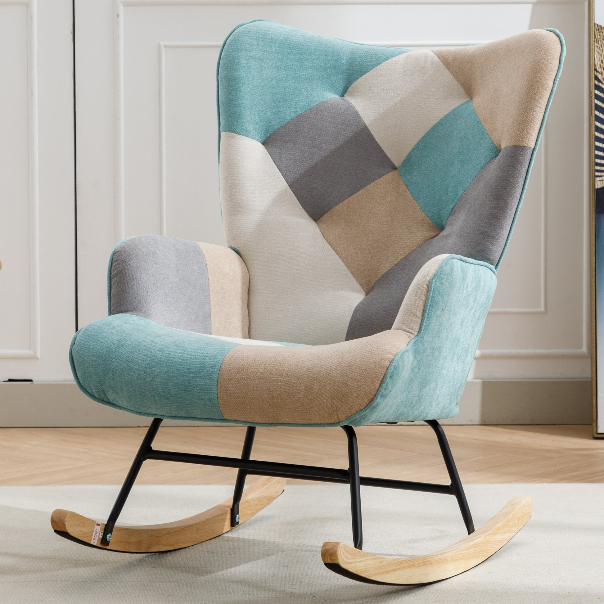 Modern Patchwork Accent Chair With Solid Wood Armrest And Feet, Mid Century Modern Accent Sofa, Fabric Sofa Chair For Living Room Bedroom Studio, Comfy Side Armchair For Bed Green Foam Cotton Linen
