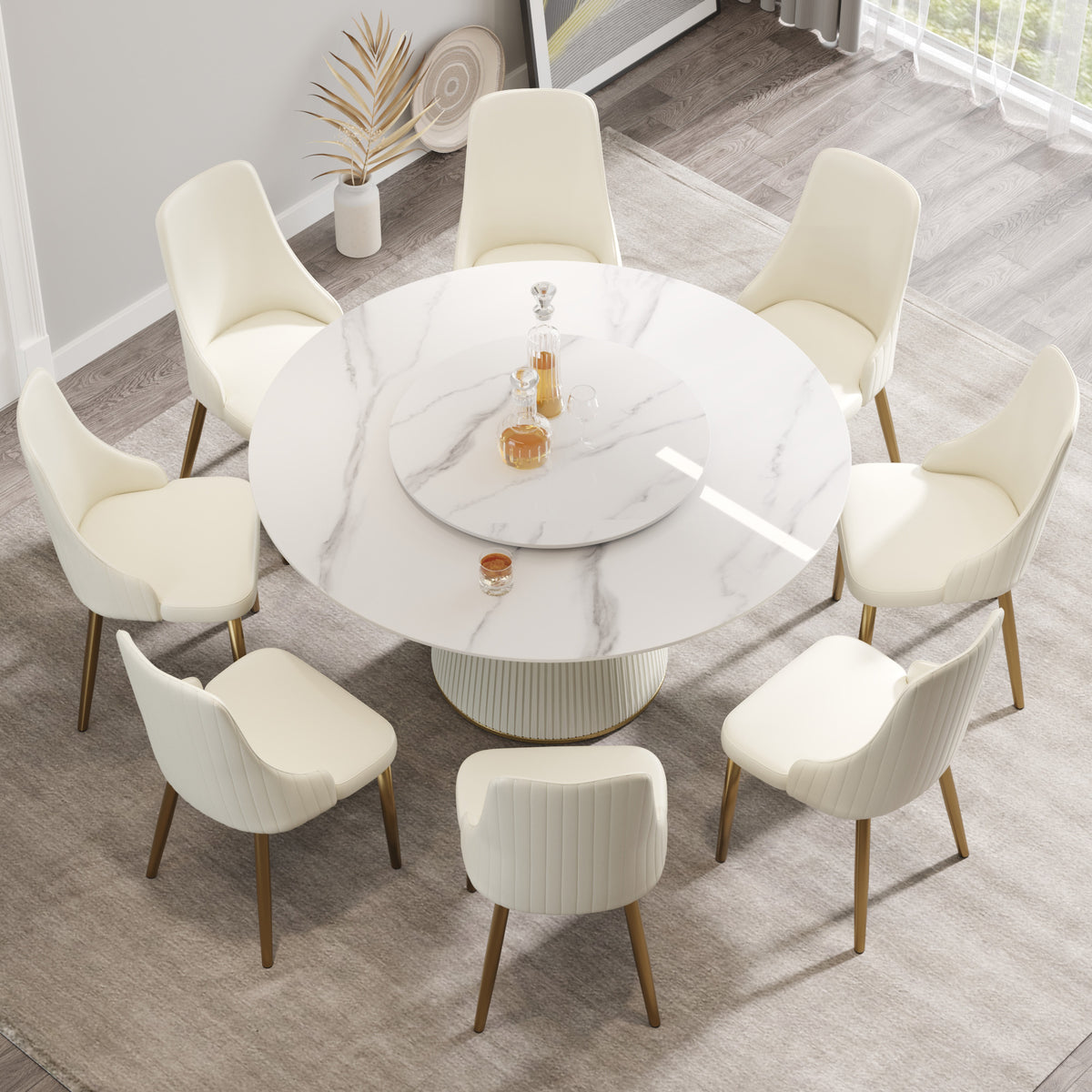 59.05 "Modern White Artificial Stone Round Beige Plywood Pu Base Dining Table Can Accommodate 8 People 31.5"White Artificial Stone Turntable Not Including Chairs. White Dining Room Plywood Sintered Stone