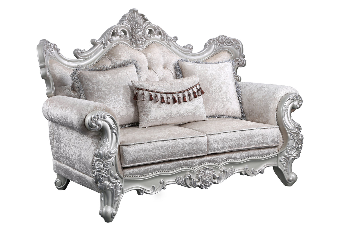 Melrose 2Pc Traditional Living Room Set In Champagne With Silver Brush Silver Gray Chenille Wood Primary Living Space Traditional Wood 5 Seat