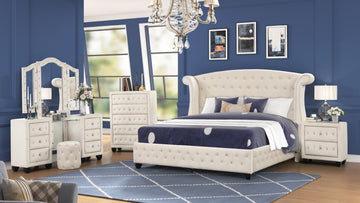 Sophia Crystal Tufted King 5 Pc Vanity Bedroom Set Made With Wood In Cream Box Spring Not Required King Cream Wood 5 Piece Set Bedroom Contemporary,Modern Upholstered Velvet Tufted Wood