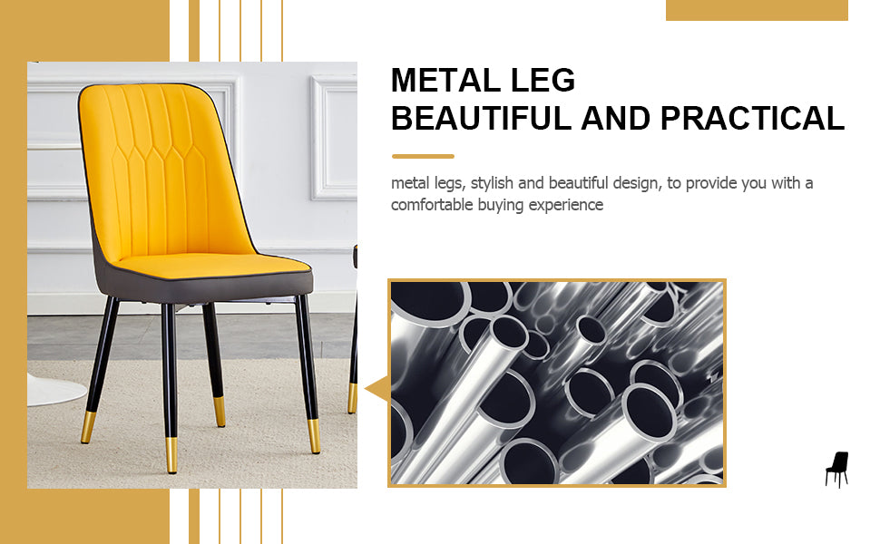 Table And Chair Set. White Imitation Marble Patterned Burnt Stone Tabletop With Black Metal Legs. Orange Deep Gray Dual Tone Pu Leather Backrest And Black Metal Leg Chair. 1 Table And 4 Chairs 001 007 White Sintered Stone