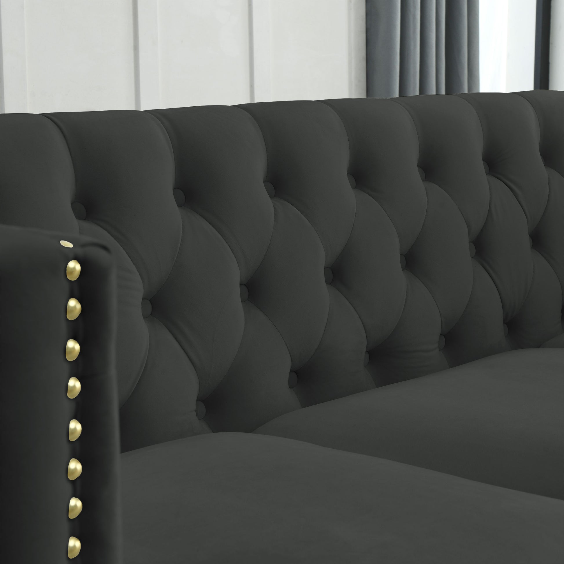82.2 Inch Velvet Corner Sofa, L Shaped Sectional Couch, 5 Seater Corner Sofas With 3 Cushions For Living Room, Bedroom, Apartment, Office Black Foam Velvet