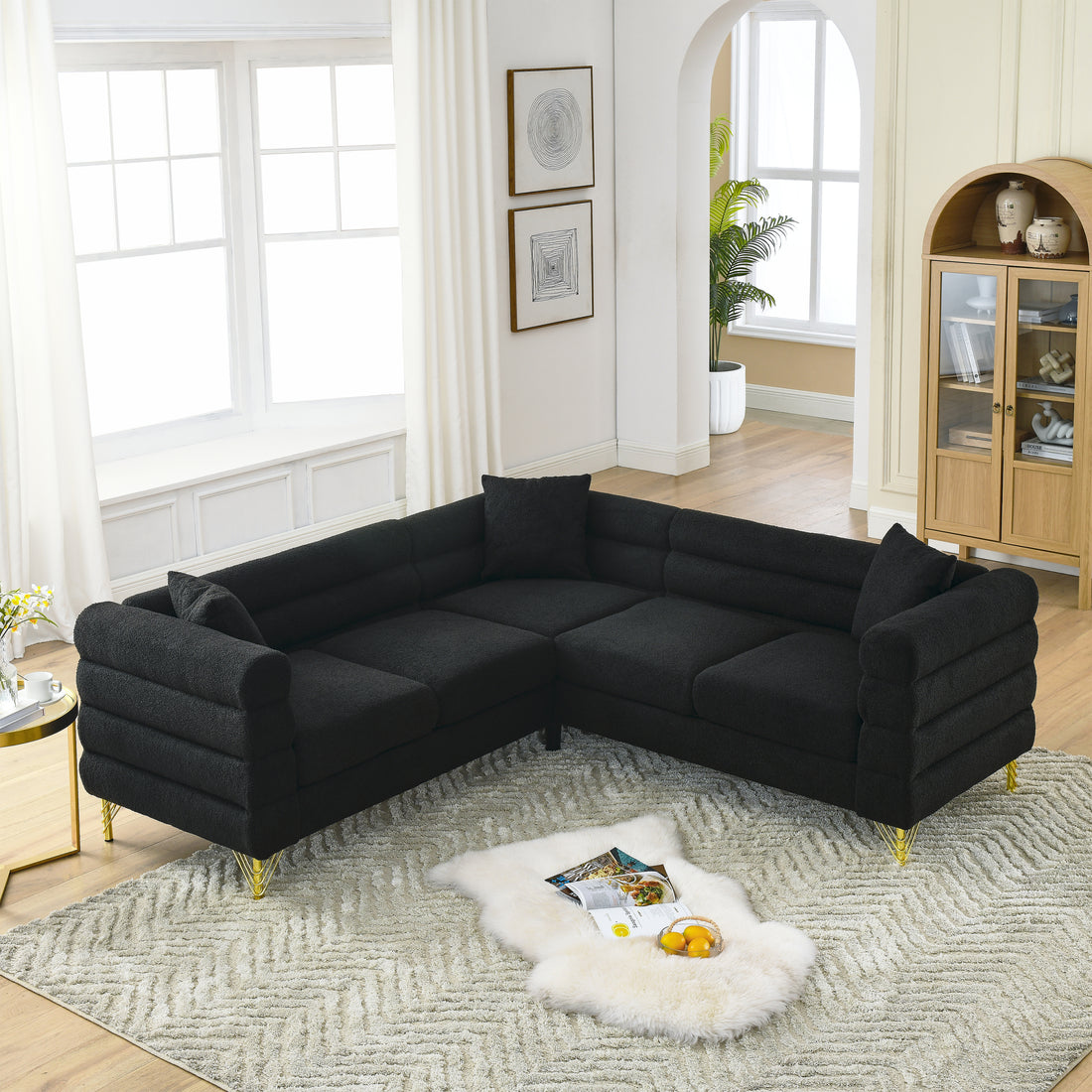 81.5 Inch Oversized Corner Sofa, L Shaped Sectional Couch,5 Seater Corner Sofas With 3 Cushions For Living Room, Bedroom, Apartment, Office Black Foam Teddy