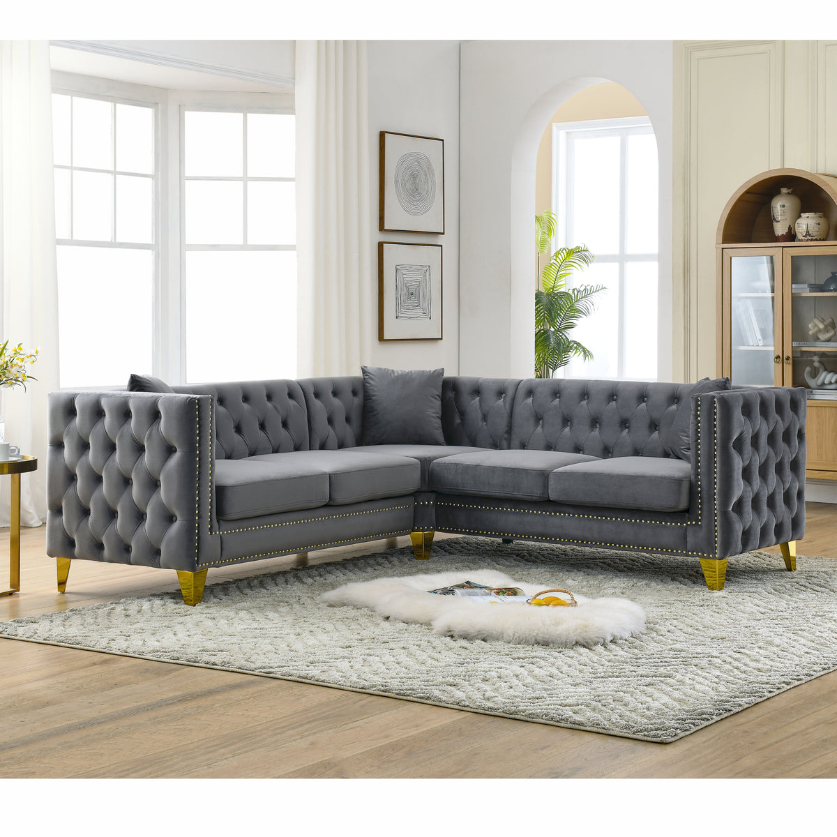 82.2 Inch Velvet Corner Sofal Shaped Sectional Couch, 5 Seater Corner Sofas With 3 Cushions For Living Room, Bedroom, Apartment, Office Gray Foam Velvet