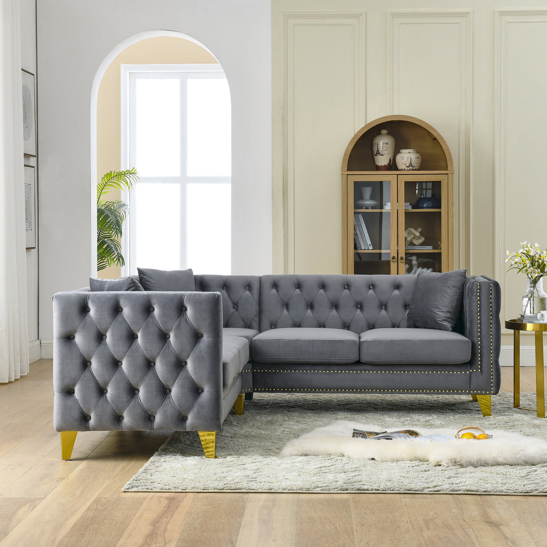 82.2 Inch Velvet Corner Sofal Shaped Sectional Couch, 5 Seater Corner Sofas With 3 Cushions For Living Room, Bedroom, Apartment, Office Gray Foam Velvet