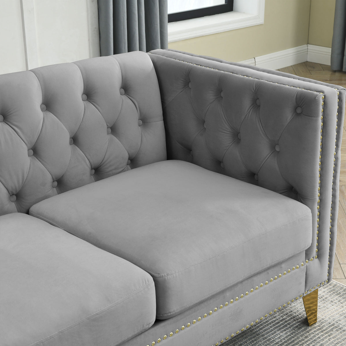 82.2 Inch Velvet Corner Sofal Shaped Sectional Couch, 5 Seater Corner Sofas With 3 Cushions For Living Room, Bedroom, Apartment, Office Gray Foam Velvet