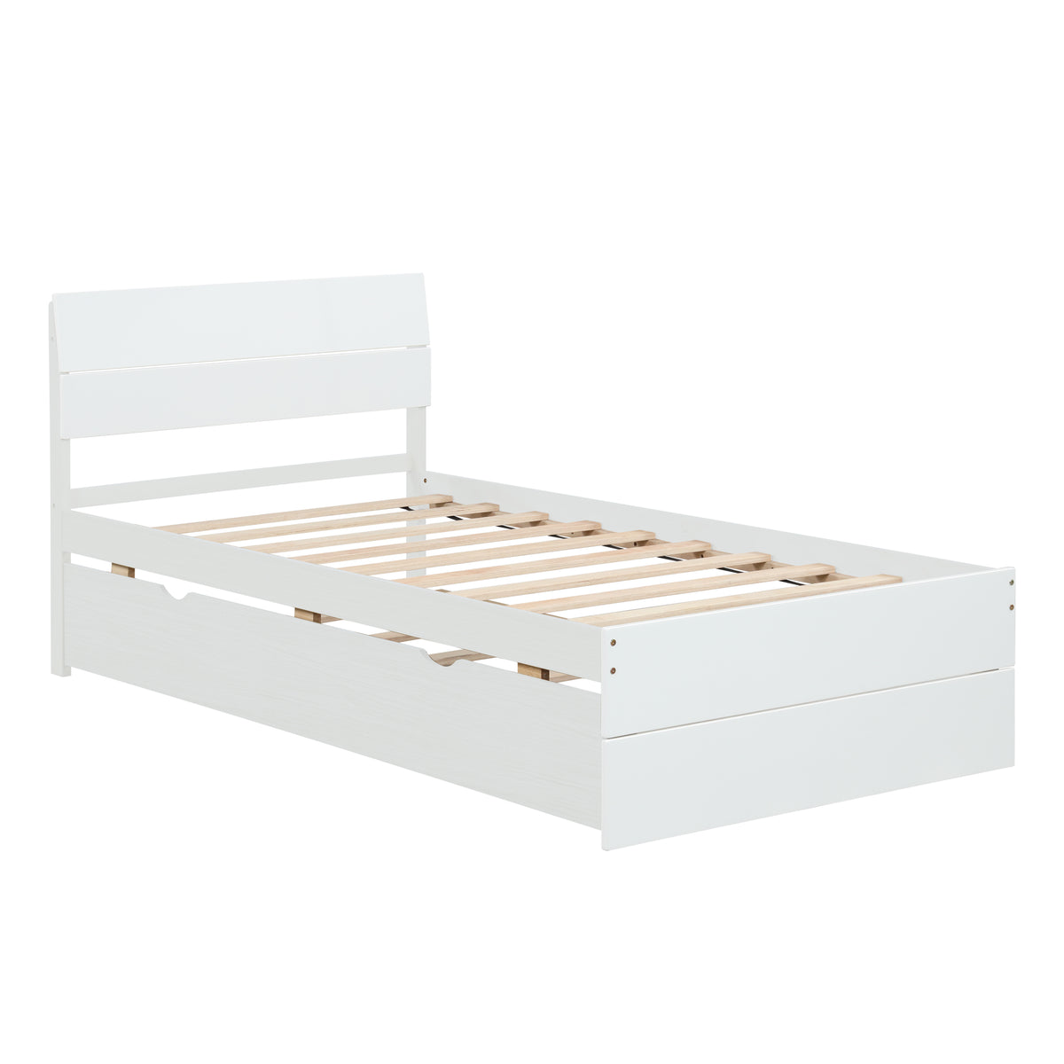 Modern Twin Bed Frame With Twin Trundle For White High Gloss Headboard And Footboard With Creamy White Color Twin Creamy White,White Bedroom Mdf,Rubber Wood