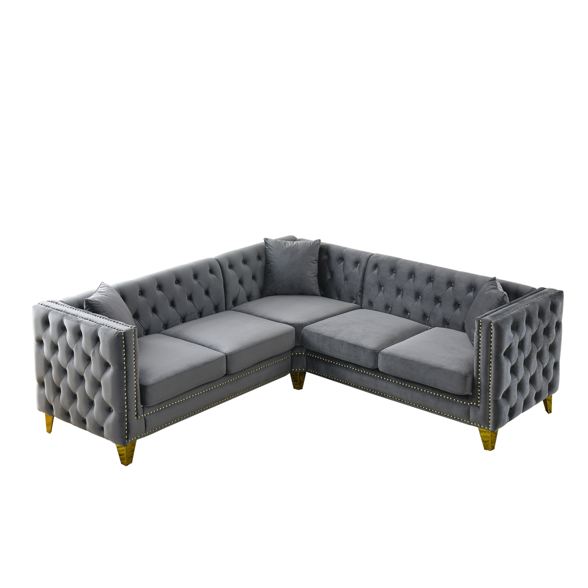 82.2 Inch Velvet Corner Sofal Shaped Sectional Couch, 5 Seater Corner Sofas With 3 Cushions For Living Room, Bedroom, Apartment, Office Gray Foam Velvet