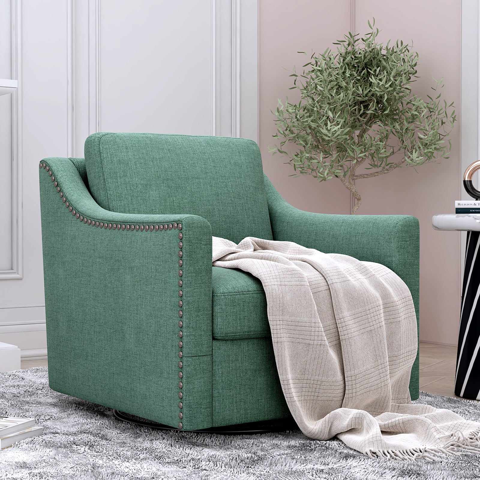 360 Degree Swivel Armchair Cotton Linen Skin Friendly Fabric Ergonomic Design Brass Nail Decorative Armchair Living Room Chairs Bedroom Chairs Living Room Chairs Black Legs Suitable For Indoor Homes