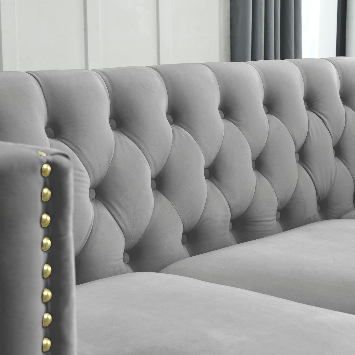 82.2 Inch Velvet Corner Sofal Shaped Sectional Couch, 5 Seater Corner Sofas With 3 Cushions For Living Room, Bedroom, Apartment, Office Gray Foam Velvet