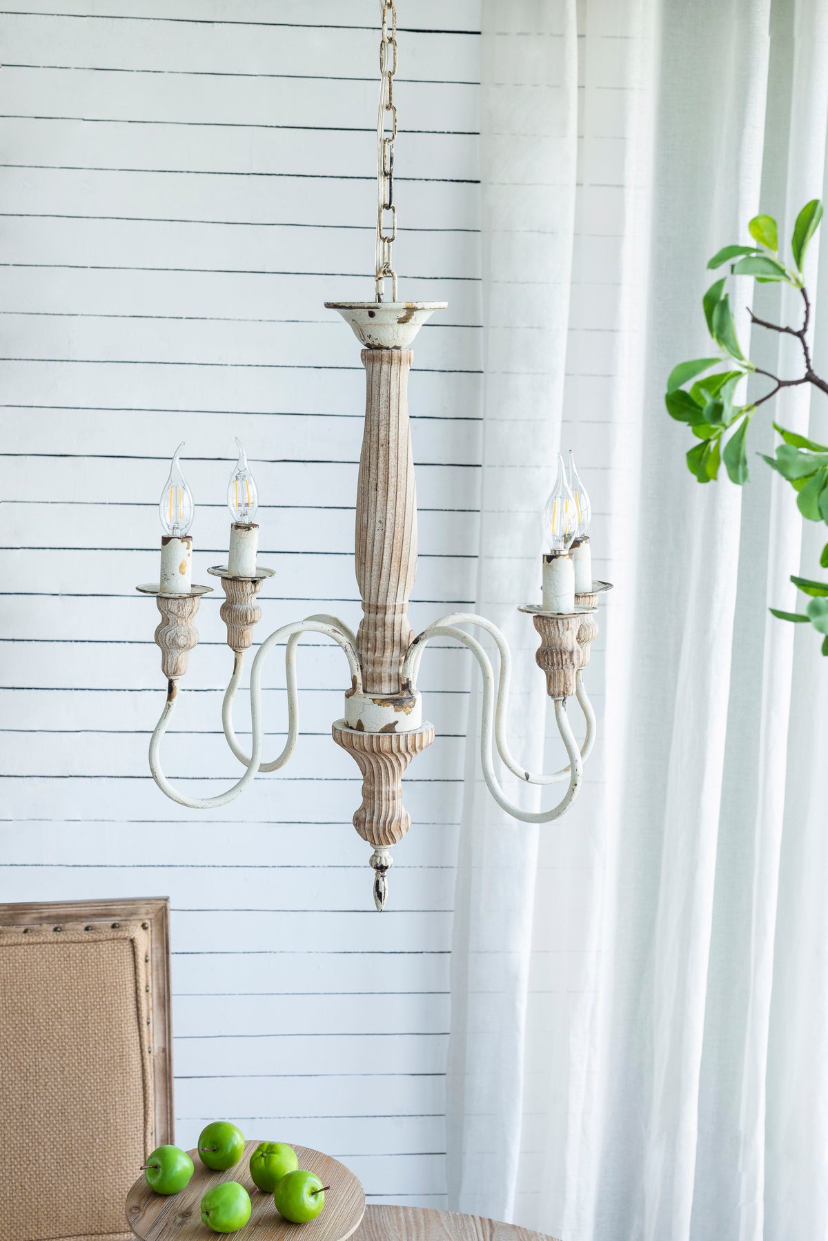 4 Light Wood Chandelier, Hanging Light Fixture With Adjustable Chain For Kitchen Dining Room Foyer Entryway, Bulb Not Included Cream White Wood