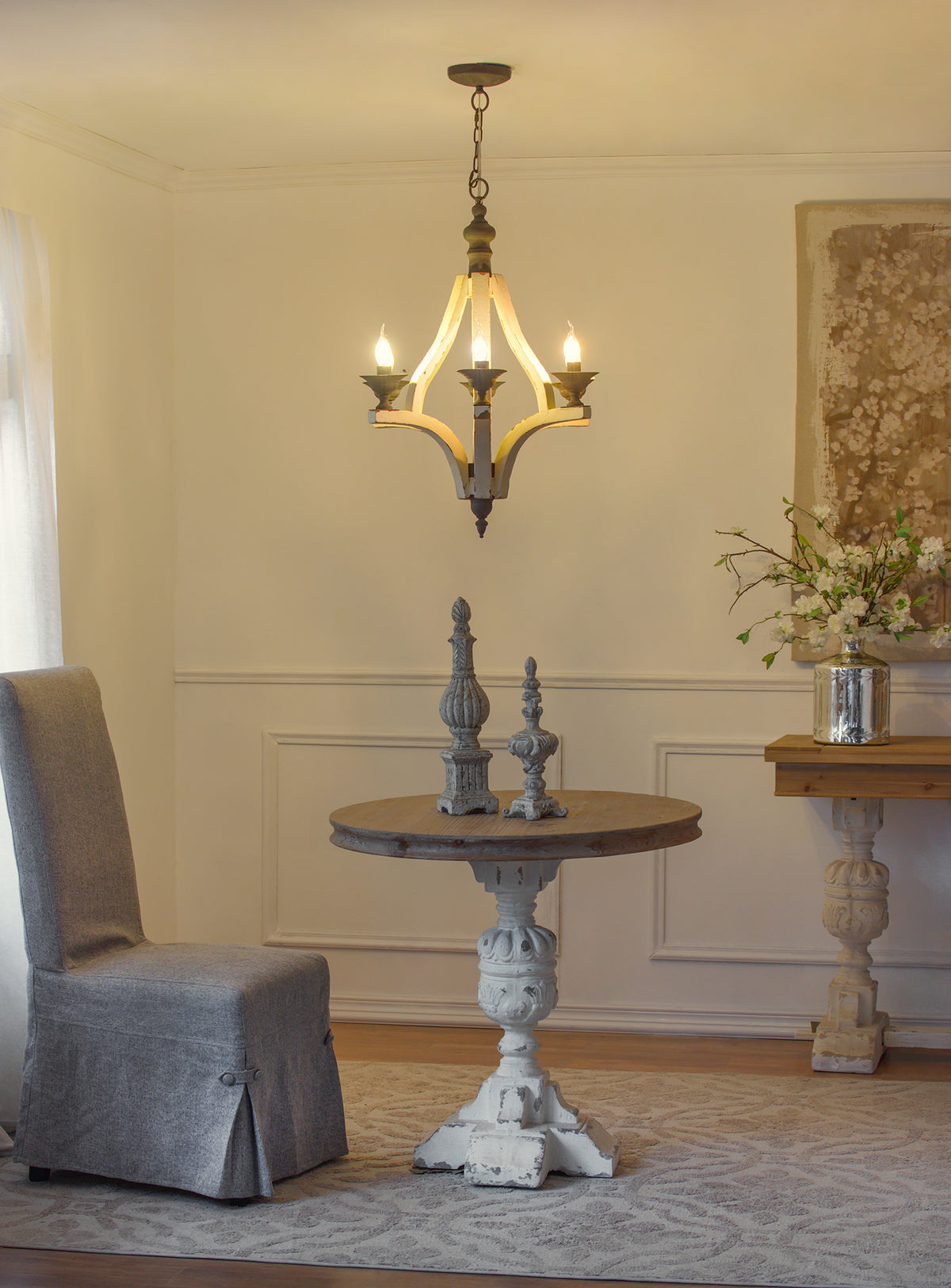 6 Light Wood Chandelier, Hanging Light Fixture With Adjustable Chain For Kitchen Dining Room Foyer Entryway, Bulb Not Included Cream Wood