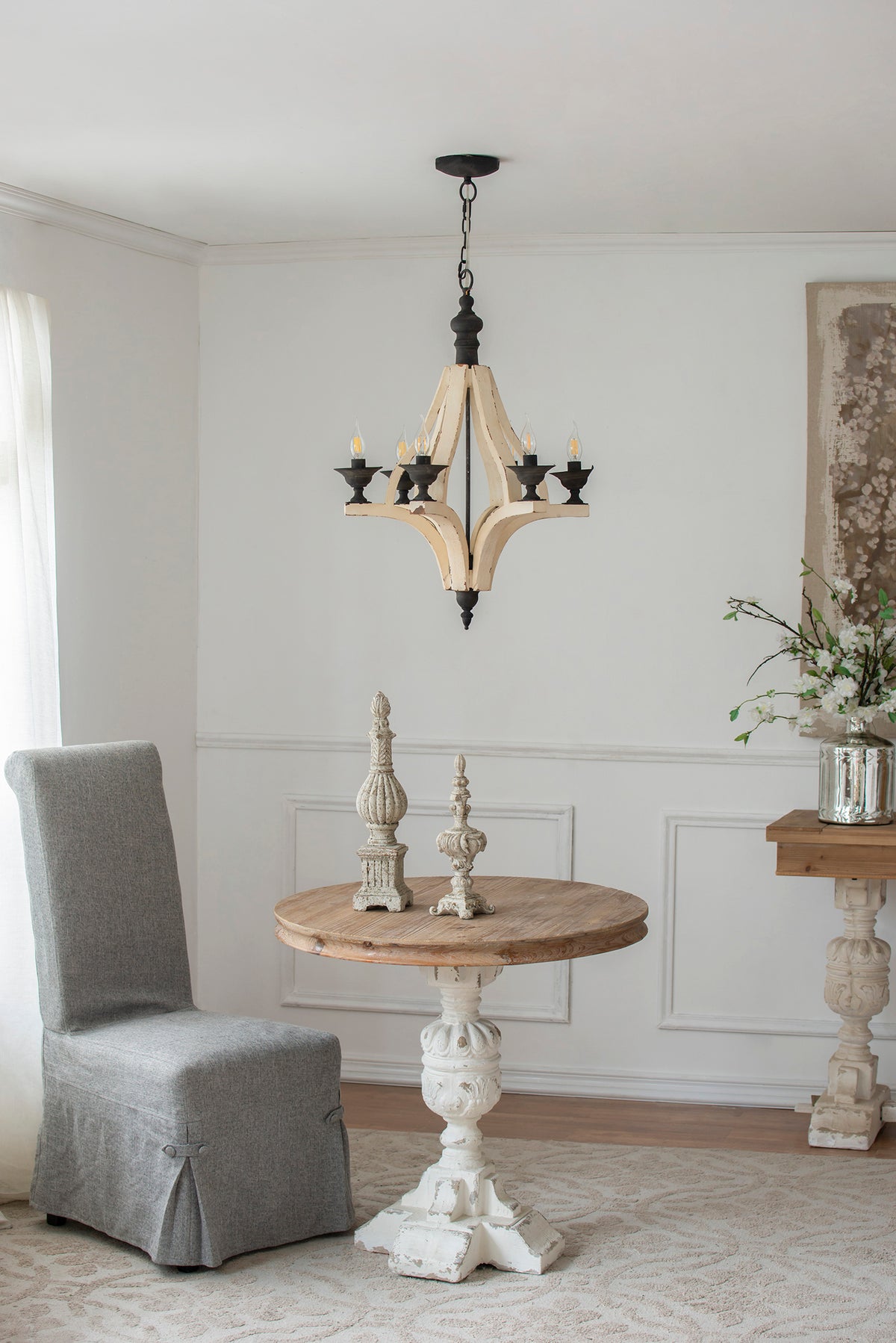 6 Light Wood Chandelier, Hanging Light Fixture With Adjustable Chain For Kitchen Dining Room Foyer Entryway, Bulb Not Included Cream Wood