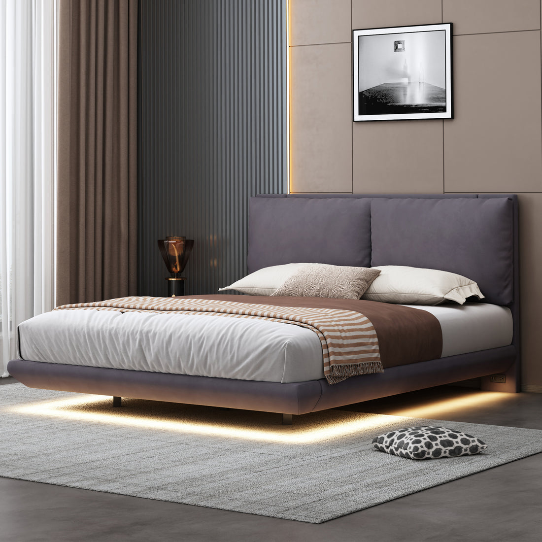 Queen Size Upholstered Platform Bed With Sensor Light And 2 Large Backrests, Stylish Platform Bed With 2 Sets Of Usb Port And Socket On Each Rear Bed Leg, Gray Gray Velvet